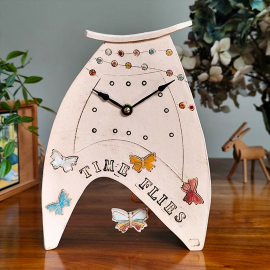 Large Mantel Clock with Pendulum, Time flies with Butterflies