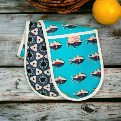 'Skipping Over the Ocean' Organic Cotton Oven Gloves with Blue Fish Cookie Design