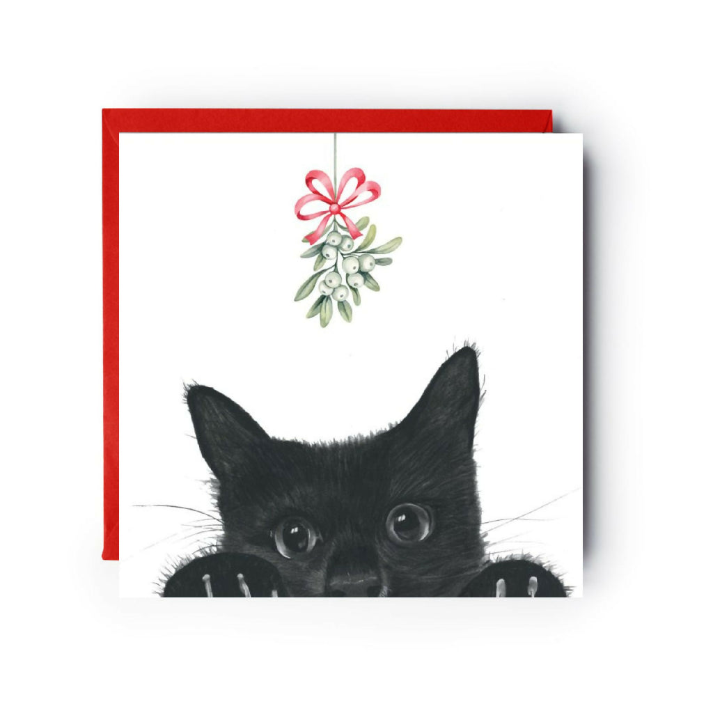 Cute Mistletoe Cat Festive Christmas Card