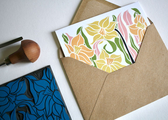 Daffodils Linocut Art Greeting Card | Single Card & Envelope