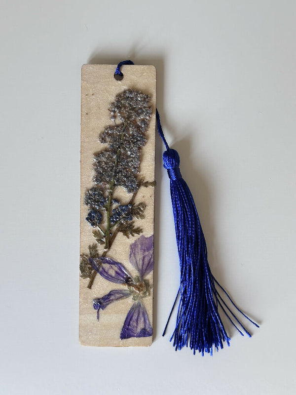Rustic Floral Cottage Core Country Style Multi-coloured Wooden Bookmark with Blue Tassel