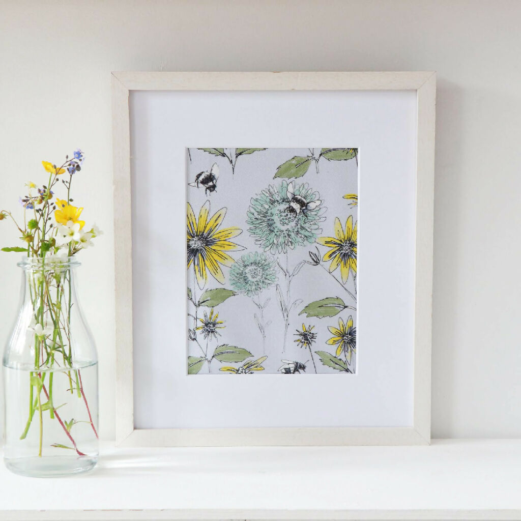 Bumblebee and Flora Grey Mounted Fabric Print