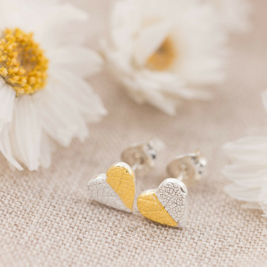 Mini Silver and Gold Heart Stud Earrings Inspired by Nature