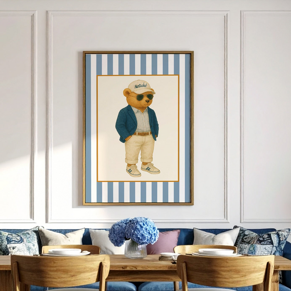 Vintage Nantucket Bear Print, Coastal Striped Artwork in Denim Blue