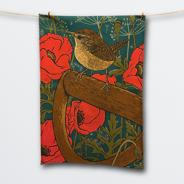 Poppies and Wren Tea Towel