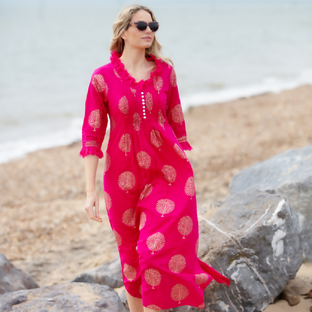 Cotton Annabel Maxi Dress in Fuschia & Gold