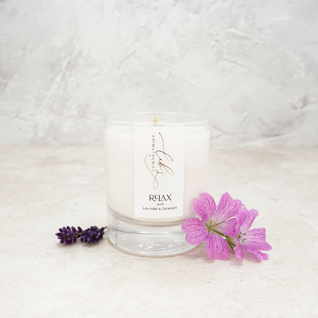 A lavender and geranium scented candle