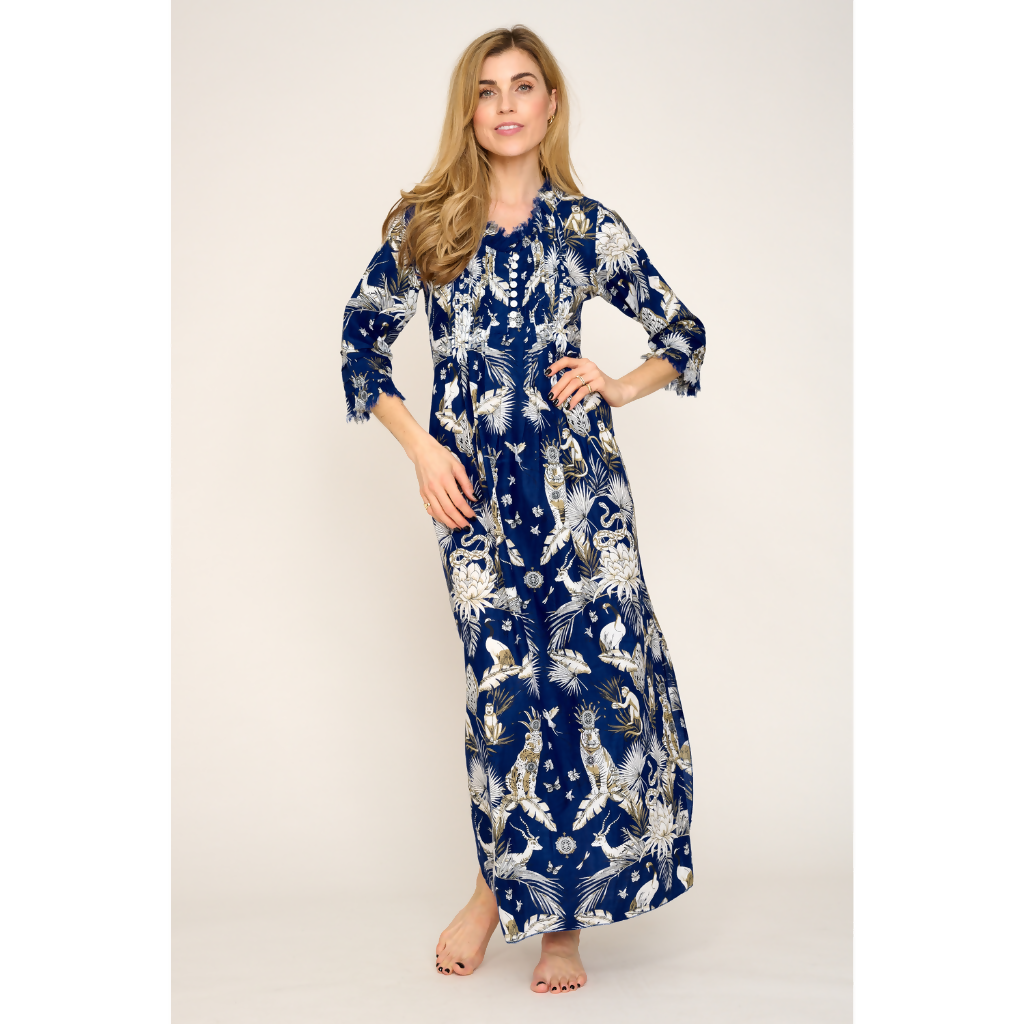 Cotton Annabel Maxi Dress in Navy Tropical