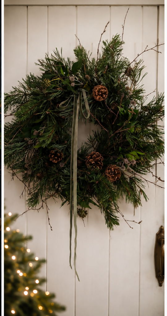 Pine Christmas Wreath with Birch Twigs & Cones