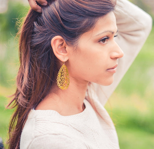 Gold Plated Sterling Silver Lace Filigree Long Earrings