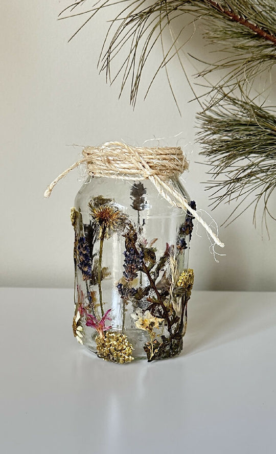 Bright Rustic Cottage Core Spring Time Themed Pressed Flower Glass Jar