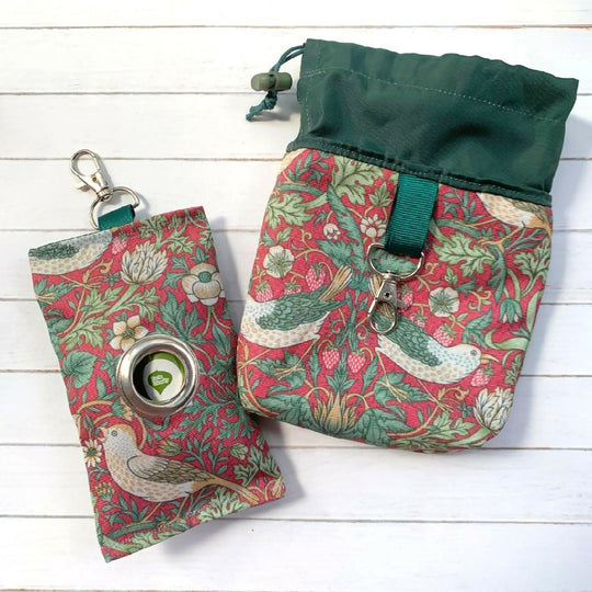 William Morris "Strawberry Thief" Treat Pouch & Poo Bag Pouch Gift Set in crimson