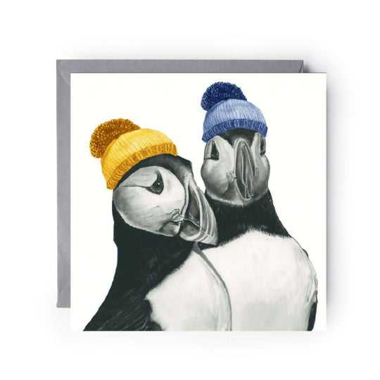 Cute Puffin in Bobble Hat Winter Wishes Greeting Card Coastal Bird