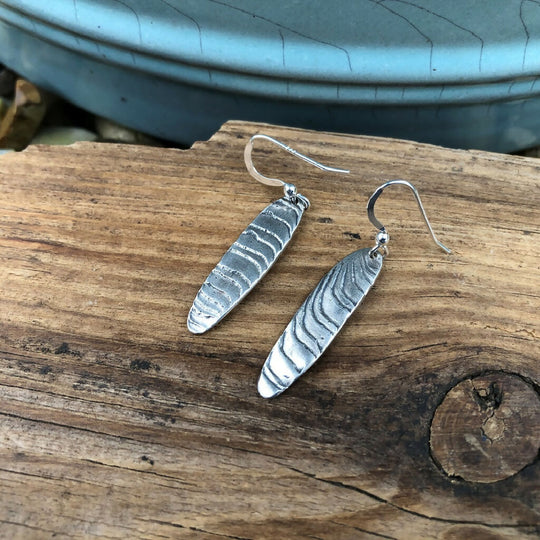 Recycled Silver Drop Earrings with Cuttlefish Texture – Handmade in Cornwall