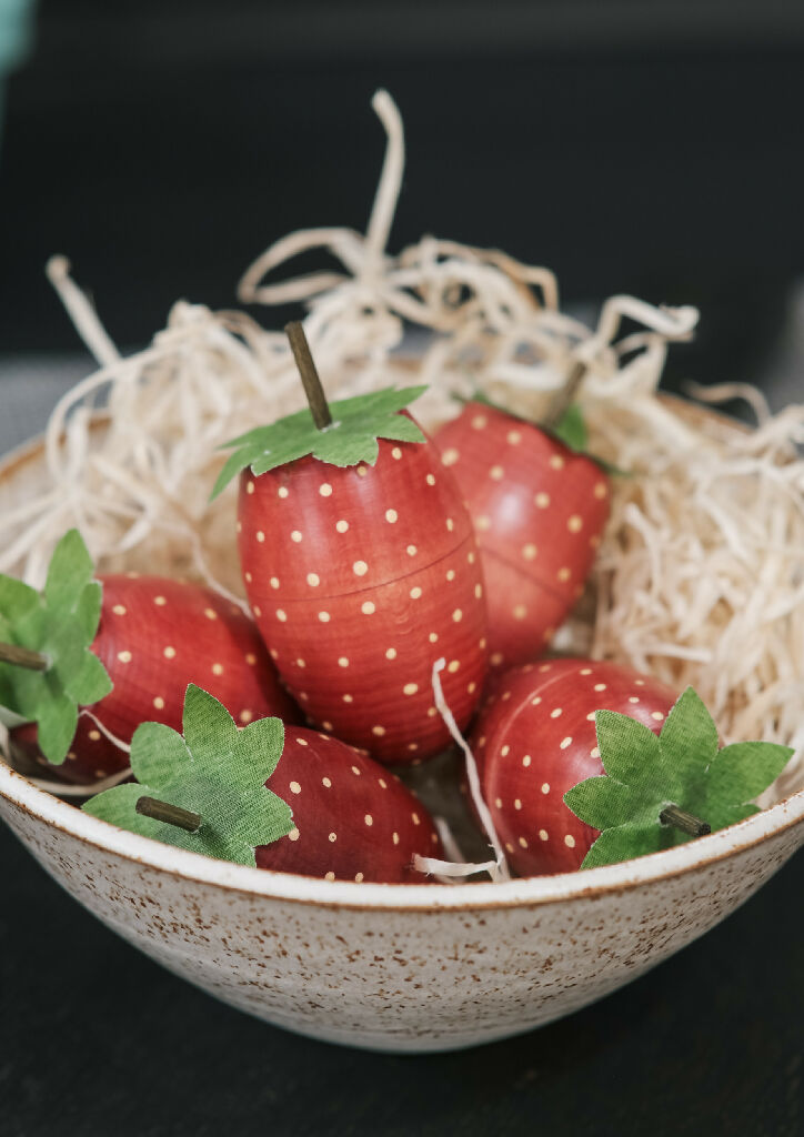 Punnet of hand painted wooden strawberries