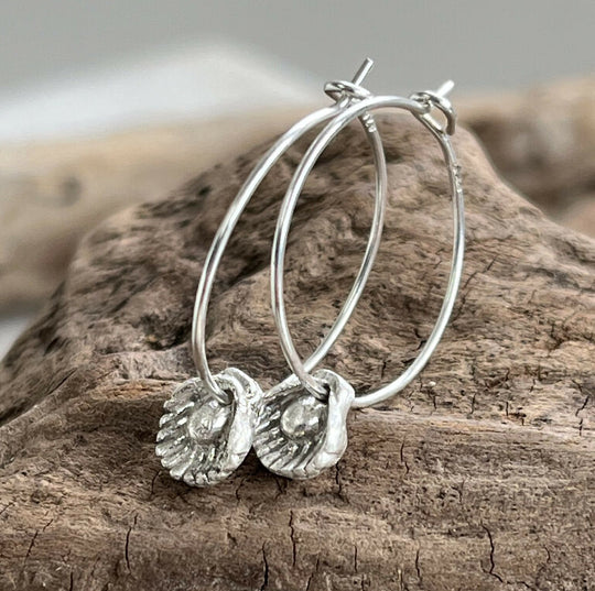 Handmade miniature fine silver oyster shell earrings