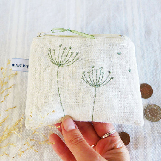 Embroidered Ivory Linen Cow Parsley Purse