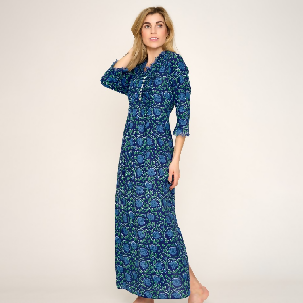 Cotton Annabel Maxi Dress in Royal Blue with Blue & Green Flower ...