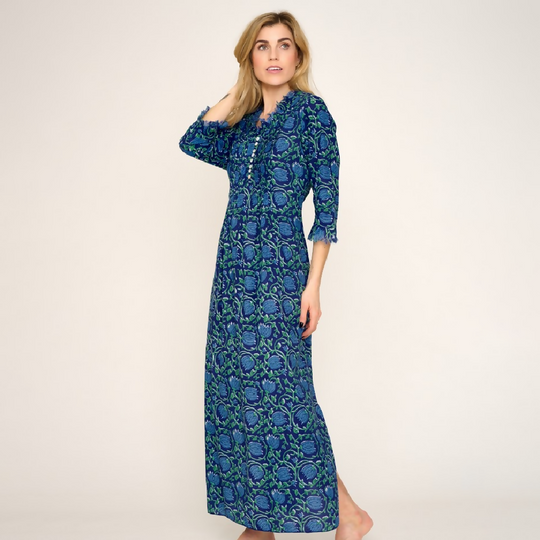 Cotton Annabel Maxi Dress in Royal Blue with Blue & Green Flower