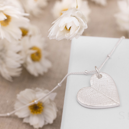 Silver Heart Leaf Print Pendant