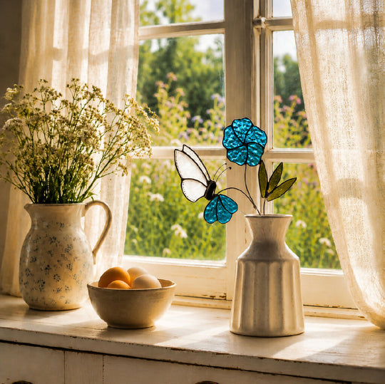 Wild Blue Flax Flower Butterfly Stained Glass