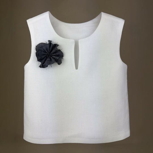 Girls Linen Blouse with Black Flower Detail