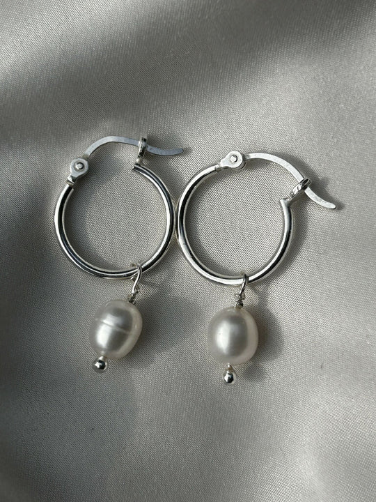 Freshwater pearl silver hoops