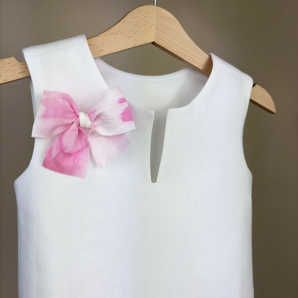 Organic Linen Girls Top with Pink Ribbon