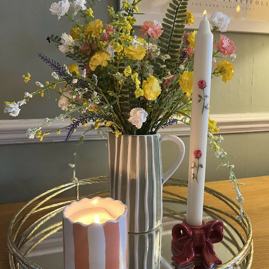 June Birth Flower Candle - Hand Painted Rose Candle with Gold Metal Holder