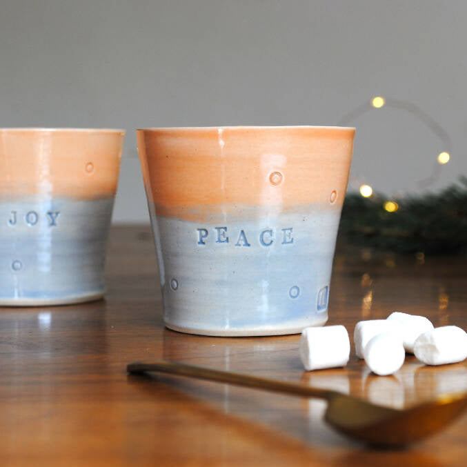 Small Stoneware Tumbler with 'Joy', 'Love' or 'Peace' Engraving in Purple and Orange