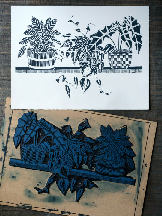 Three House Plants on a Shelf Lino Print - Lugger Blue