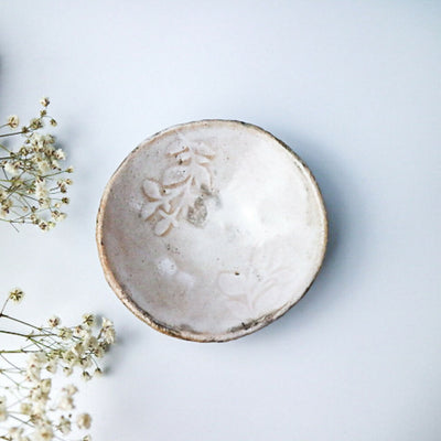 Raku Bowl in White Leaf Design