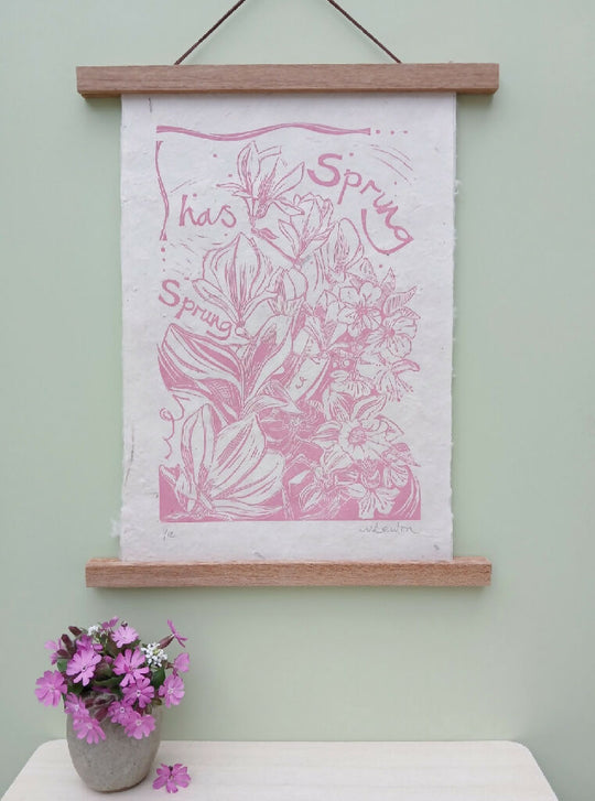 'Spring has Sprung' Linocut Print on Handmade Paper, in Soft Pink