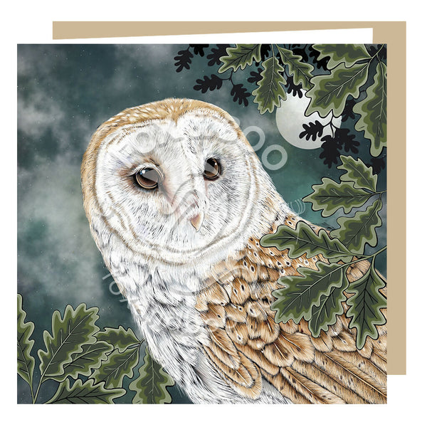 Greeting card by Fox and Boo featuring a barn owl against a moonlit sky surrounded by oak leaves
