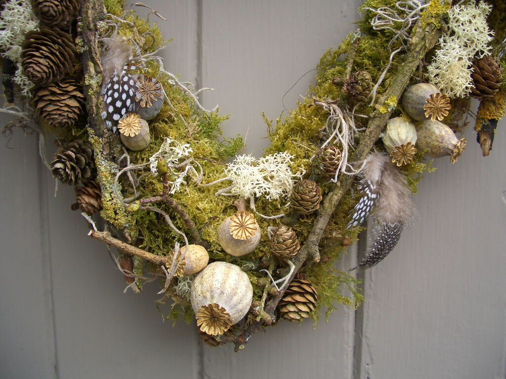 Poppy Cone and Lichen Twig Heart Wreath