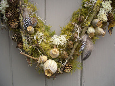 Poppy Cone and Lichen Twig Heart Wreath