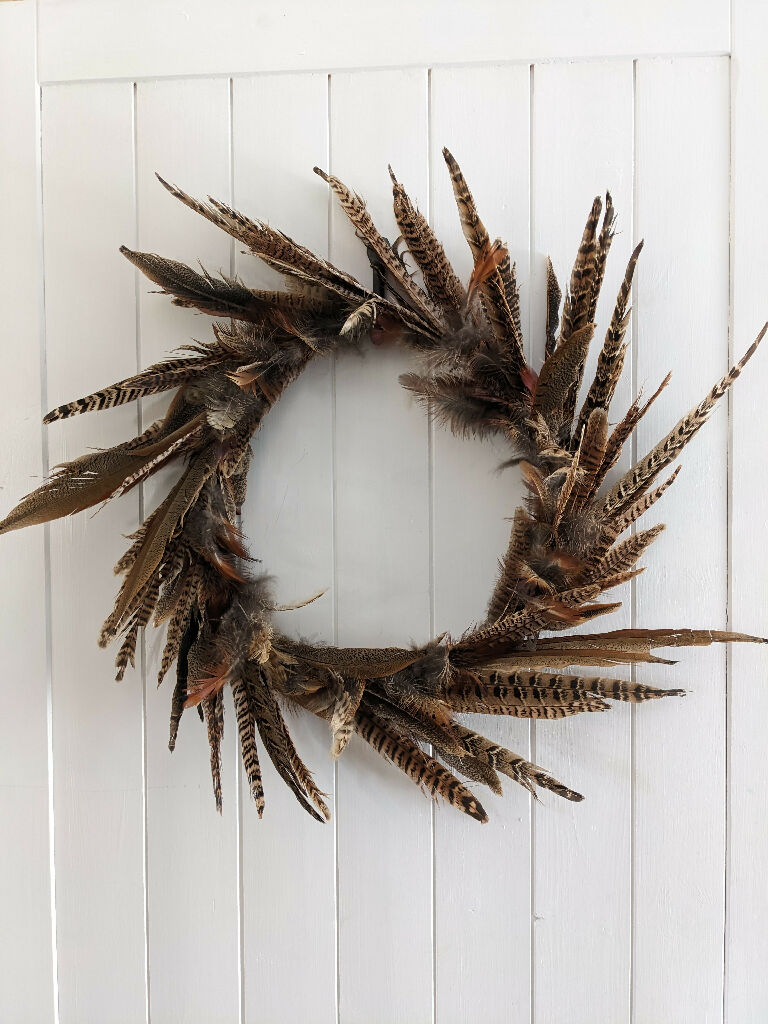 Feather Wreath with Pheasant Feathers on Slim Brass Metal Frame