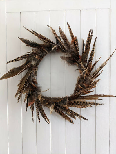 Feather Wreath with Pheasant Feathers on Slim Brass Metal Frame