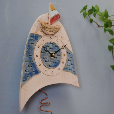 Sailing Boat and Fish Ceramic Wall Clock with Pendulum