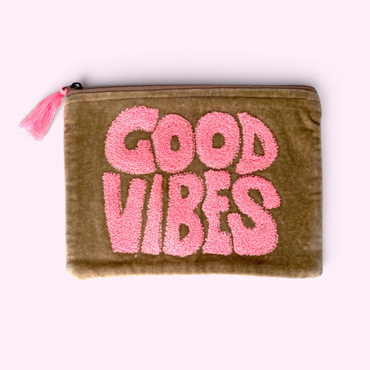 Embroidered Velvet Make Up Bag | Everyday Pouch | Good Vibes in Beige and Pinks