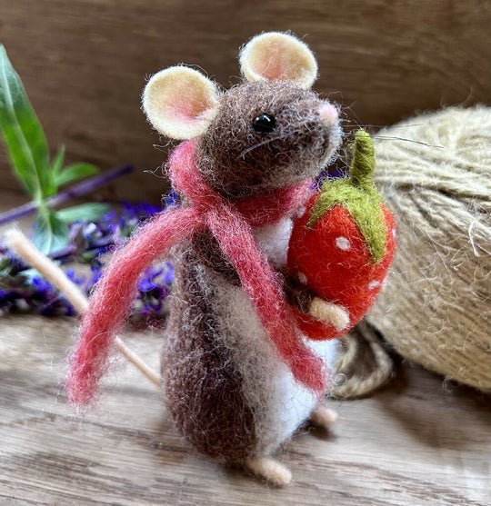 Handmade Needle Felted Field Mouse with Strawberry – Rustic Country Decoration