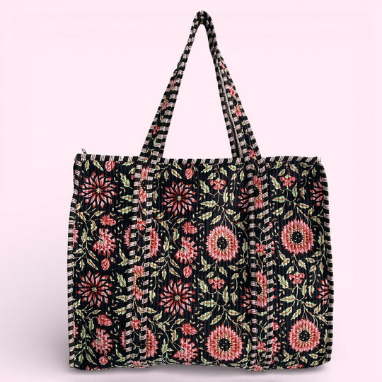 Black and Pink Flower Quilted Cotton Shoulder Bag