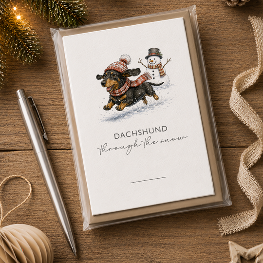 Pack of 5, Dachshund through the snow, plantable wildflower seed Christmas cards