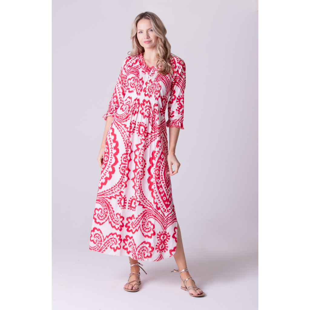 Cotton Annabel Maxi Dress in Red & White Ikat