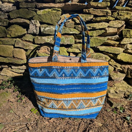 The Nador Large Expandable Fabric Tote in Blue and Yellow