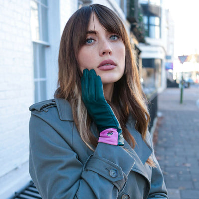 Green + Pink Colour Block Leather Gloves