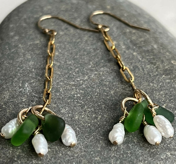 A Pair Of Green Sea Glass & Pearl Cluster Earrings