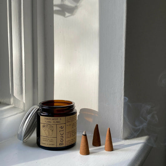 Sandalwood & Ylang Ylang Incense Cones in Amber Glass Jar