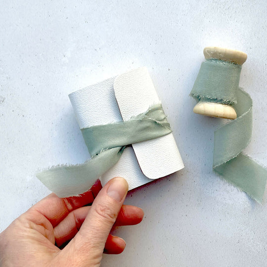 Mini Leather and Silk Notebook in White and Sea Mist