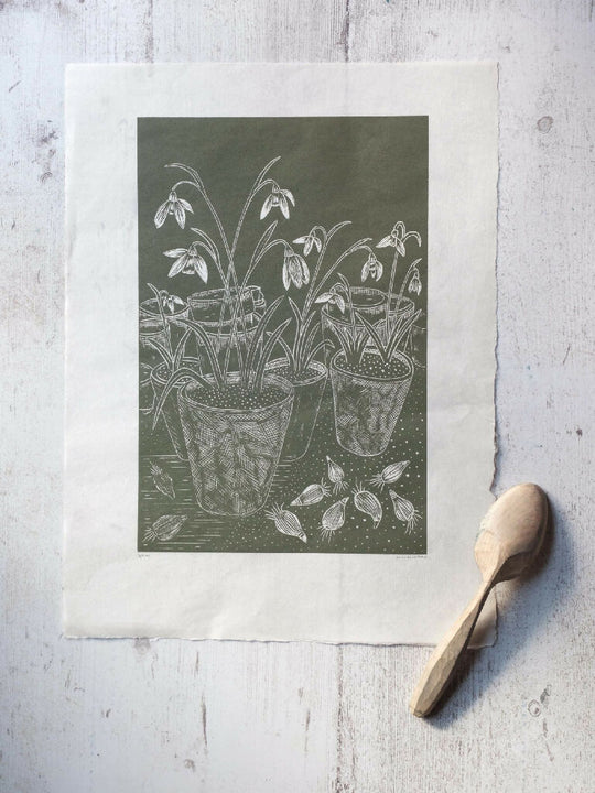 Snowdrops in Terracotta Pots in Potting Shed Lino Print - Wild Green Awagami